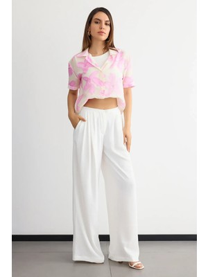 Hiccup Kadınlar Floral Organza Kısa Kollu Crop Gömlek Karanfil Pembesi