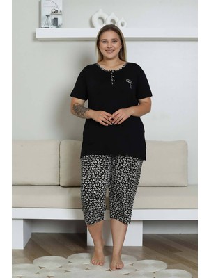 5.Mevsim Büyük Beden Kadın Pijama Takımı - Siyah Kısa Kol Kapri Likralı -Alimer