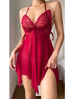 Marsilyan-  Bordo Butterfly Lace Kelebek Işlemeli Tül Fantezi Gecelik