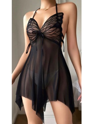 Marsilyan-  Siyah Butterfly Lace Kelebek Işlemeli Tül Fantezi Gecelik