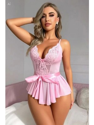 Marsilyan Kadın Kontrast Dantel Kemerli Teddy Body Fantezi Gecelik Şık Tasarım