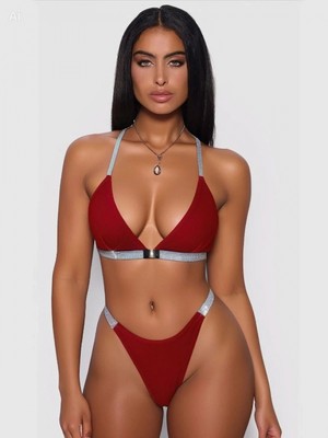 Marsilyan Kadın Bordo Love Yazılı Mayo Bikini Arkası Çapraz Detaylı Şık Plaj Giyim Özel Tasarım