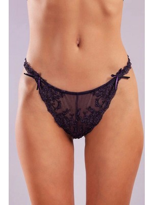 Marsilyan Giselle Mini String, Kadın Güpürlü Saten Mor String Külot