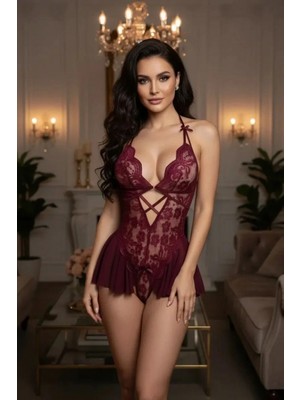 Marsilyan Kadın Bordo Dantel Tül Detaylı Derin V Yaka Teddy Gecelik Seksi Şık Iç Giyim