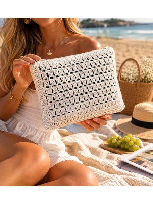 Enie Kadın Beyaz Hasır Clutch El Yapımı Fermuarlı Çanta-Astarlı