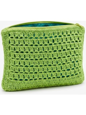 Enie Kadın Fıstık Yeşili Hasır Clutch El Yapımı Fermuarlı Çanta-Astarlı