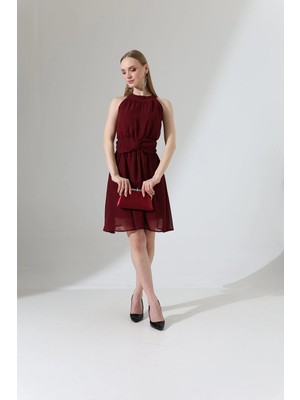 Mois Atelier Bordo Şifon Halter Yaka Mini Abiye Nikah Elbise Hediye Büyük Beden
