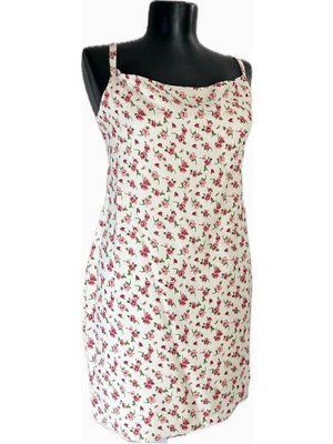 Mois Atelier Beyaz Pembe Çiçek Desenli Askılı Degaje Yaka Mini Elbise Tasarım Büyük Beden Sınırlı Seri