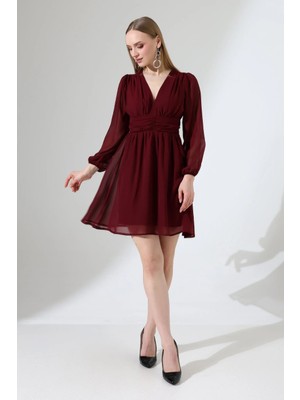 Mois Atelier Bordo Şifon Mini Abiye Elbise Tasarım Hediye Büyük Beden