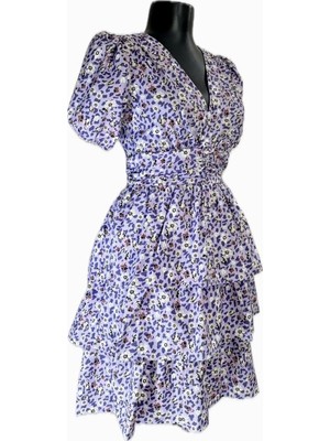 Mois Atelier Mor Çiçek Desenli Kısa Kol Etek Fırfır Detaylı Detaylı Mini Elbise Büyük Beden Sınırlı Seri