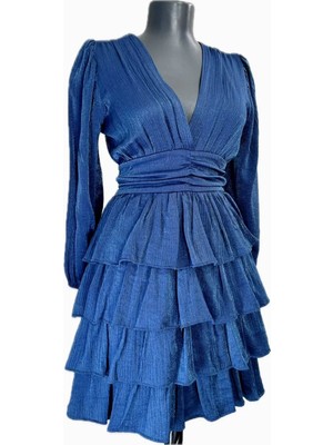 Mois Atelier Lacivert Çizgili Desen Uzun Kol Fırfırlı Etek Mini Elbise Büyük Beden Sınırlı Seri