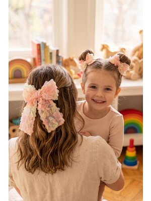 Liliza Accessories Anne Kız Renkli Çiçekli Tül Toka Seti - Büyük Otomatik Toka ve 2li Klips
