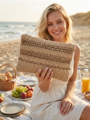 Enie Kadın Bej Hasır Işlemeli Clutch El Yapımı Fermuarlı Çanta