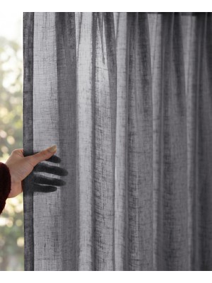Demor Home Antrasit Renk Premium Keten Tül Perde | 1'e 3 Sık Pile | Yıkanabilier