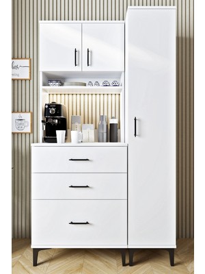 Ases Mobilya ASL4015 LED Işıklı Kahve Köşesi Çekmeceli Boy Dolaplı Çok Amaçlı Mutfak Dolabı Beyaz - Safir Meşe