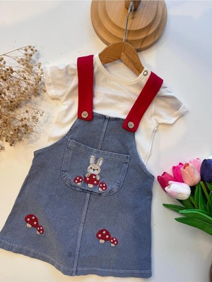 Babexi Tavşan ve Mantar Nakışlı %100 Pamuk Kısa Kol Tişörtlü Kot Jile Bebek Elbise