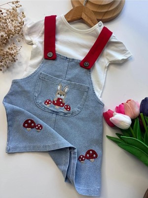 Babexi Tavşan ve Mantar Nakışlı %100 Pamuk Kısa Kol Tişörtlü Kot Jile Bebek Elbise