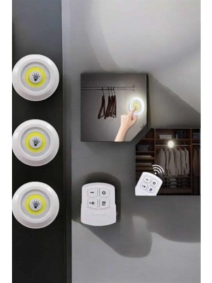 Spot Lamba LED Işık 3'lü Uzaktan Kumandalı Pilli Yapışkanlı Kablosuz
