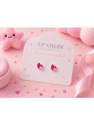 Up Atelier 925 Ayar Gümüş Çocuk Küpesi Kırmızı Pembe Kalp