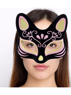 Siyah Renk Süet Kaplama Üzeri Sarı Pembe Simli Kedi Maskesi 17X14 cm