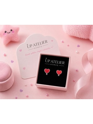 Up Atelier 925 Ayar Gümüş Çocuk Küpesi Kırmızı Kalp