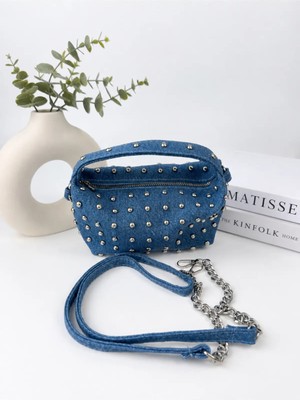 Nevalia Kadın Lacivert Kot El Çantası Gümüş Zımba Detaylı Mini Çanta Günlük Şık Denim Çanta
