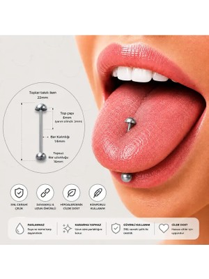 Heppii 316L Cerrahi Çelik 2 Ucu Toplu Dil Piercing Tongue Piercing Gümüş Gold Siyah Bar Boyu Standart 16MM
