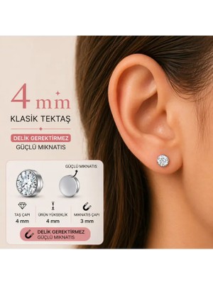 Heppii Klasik Tektaş Mıknatıslı 316L Çelik 4mm Tektaş Küpe Delik Gerektirmez 1 Çift Küpe Güçlü Mıknatıs Unisex Tektaş Küpe