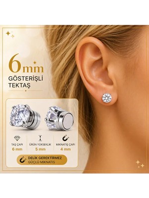 Heppii Gösterişli Tektaş Mıknatıslı 316L Çelik 6mm Tektaş Küpe Delik Gerektirmez 1 Çift Küpe Güçlü Mıknatıs Unisex Tektaş Küpe