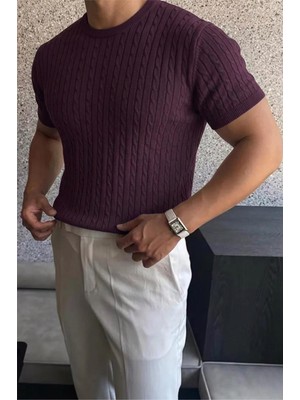 Oksit Kelly Lüks Seri Erkek Slim Fit Saç Örgü Desenli Bisiklet Yaka Kısa Kollu Triko Tişört