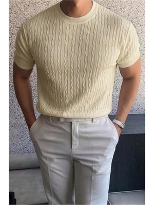 Oksit Kelly Lüks Seri Erkek Slim Fit Saç Örgü Desenli Bisiklet Yaka Kısa Kollu Triko Tişört