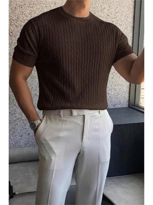 Oksit Kelly Lüks Seri Erkek Slim Fit Saç Örgü Desenli Bisiklet Yaka Kısa Kollu Triko Tişört