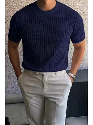 Oksit Kelly Lüks Seri Erkek Slim Fit Saç Örgü Desenli Bisiklet Yaka Kısa Kollu Triko Tişört