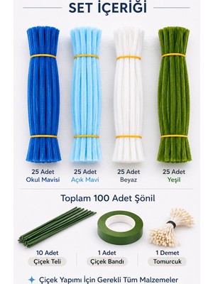 Waxera 100 Adet Renkli Şönil ve Çiçek Yapım Seti Mavi Tonları Esnek Yapı ile Kolay Tasarım