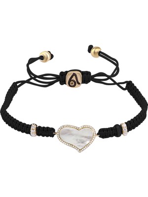 Emiliano Jewellery Zirkon Taşlı Rose Altın Kaplama Siyah Ipli Sedefli Kalp Gümüş Makrome Bileklik