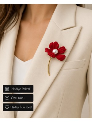Herşey Nota Kadın Kırmızı Çiçek Broş Incili Altın Sarısı Saplı Elegant Ceket Yaka Iğnesi