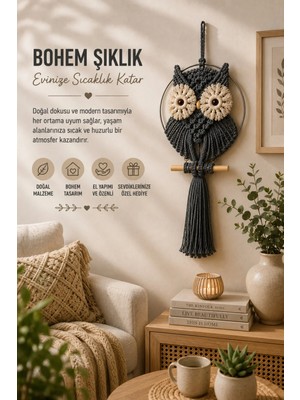 El Yapımı Makrome Baykuş Duvar Süsü Dekoratif Bohem Ev Balkon Salon Oda Duvar Dekoru 36-46-56 cm