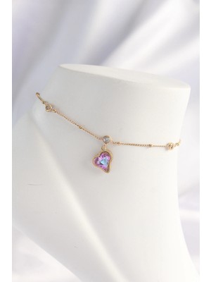 Uravas Store 316L Çelik Gold Renk Renkli Zirkon Taşlı Kalp Halhal