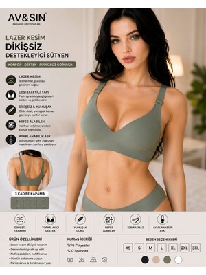 Av&sın Dikişsiz Toparlayıcı Sütyen Push Up Destekli Ayarlanabilir Askılı Lazer Kesim Kadın Sütyen Haki M