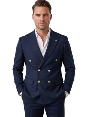 Rizzup Erkek Lacivert Slim Fit Kruvaze Takım Elbise Likralı Çizgili Dokulu Metal Düğmeli 2600820