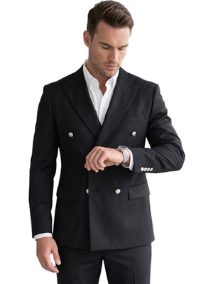 Deepsea Erkek Siyah Slim Fit Kruvaze Takım Elbise Likralı Çizgili Dokulu Metal Düğmeli 2600820