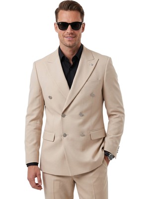 Rizzup Erkek Bej Slim Fit Kruvaze Takım Elbise Likralı Çizgili Dokulu Metal Düğmeli 2600820