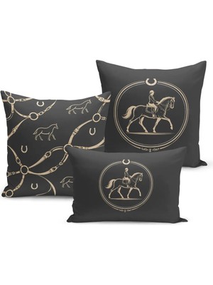 Bertille Home Klasik At Serisi Çift Tarafı Dijital Baskılı  3'lü Kırlent Kılıfı Seti (Horse)