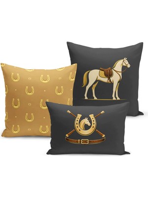 Bertille Home Klasik At Serisi Çift Tarafı Dijital Baskılı  3'lü Kırlent Kılıfı Seti (Horse)