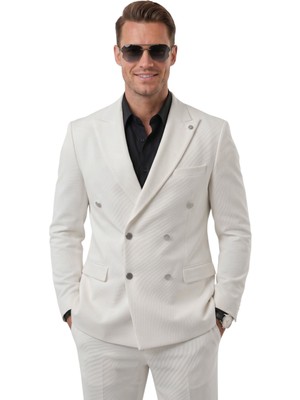 Deepsea Erkek Beyaz Slim Fit Kruvaze Takım Elbise Likralı Çizgili Dokulu Metal Düğmeli 2600820