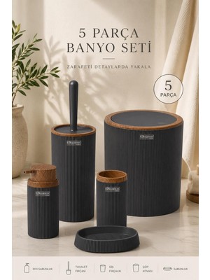 UltraMint Şık Antrasit Ahşap Desenli Çizgili 5'li Banyo Seti