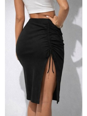 Moda Loris Kadın Beli Lastikli Yandan Büzgülü Bağcık Detaylı Midi Kaşkorse Etek