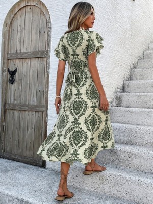 Alyn Wear Kadın Kısa Kollu Kruvaze Yakalı Belden Bağcıklı Desenli Süprem Midi Elbise