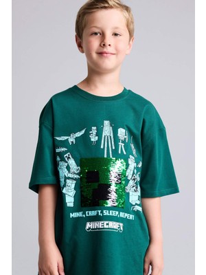 DeFacto %100 Pamuk Minecraft Lisanslı Oversize 3D Baskılı Bisiklet Yaka Kısa Kollu Yeşil Tişört Erkek Çocuk H8262A826HS
