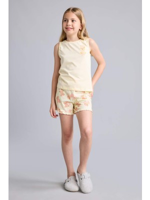 DeFacto %100 Pamuk Regular Fit Ayıcıklı 2'li Açık Sarı Pijama Takımı Kız Çocuk H8113A826SM